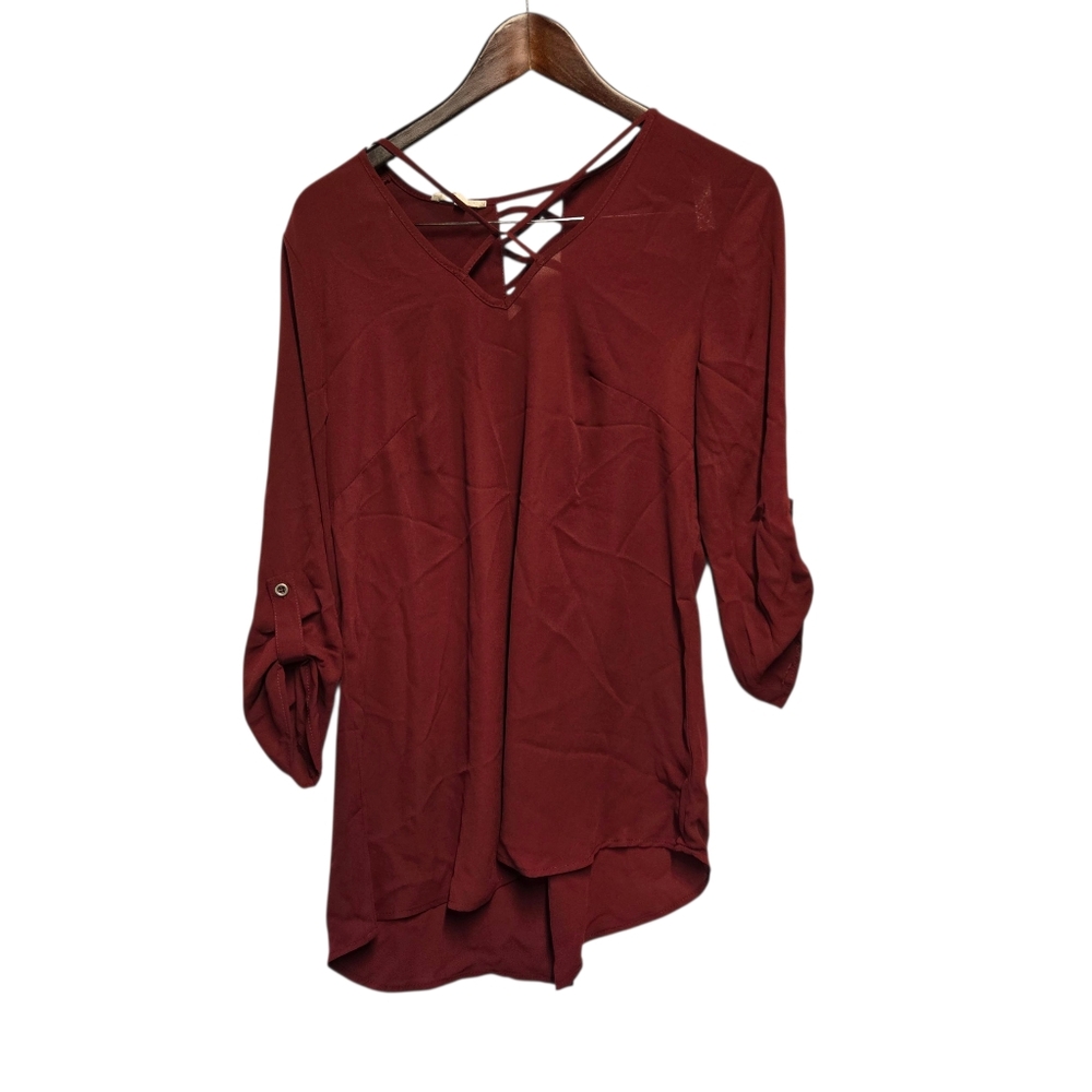 Sheer Maroon‎ Burgundy 3/4 Sleeve Top Blouse Dress Shirt Maurice
